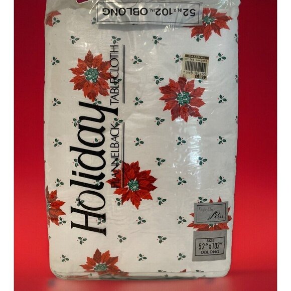 Vintage Lisa Holiday Vinyl Flannel Back TABLECLOTH Oblong 52X102" Poinsettia NEW - Picture 1 of 7